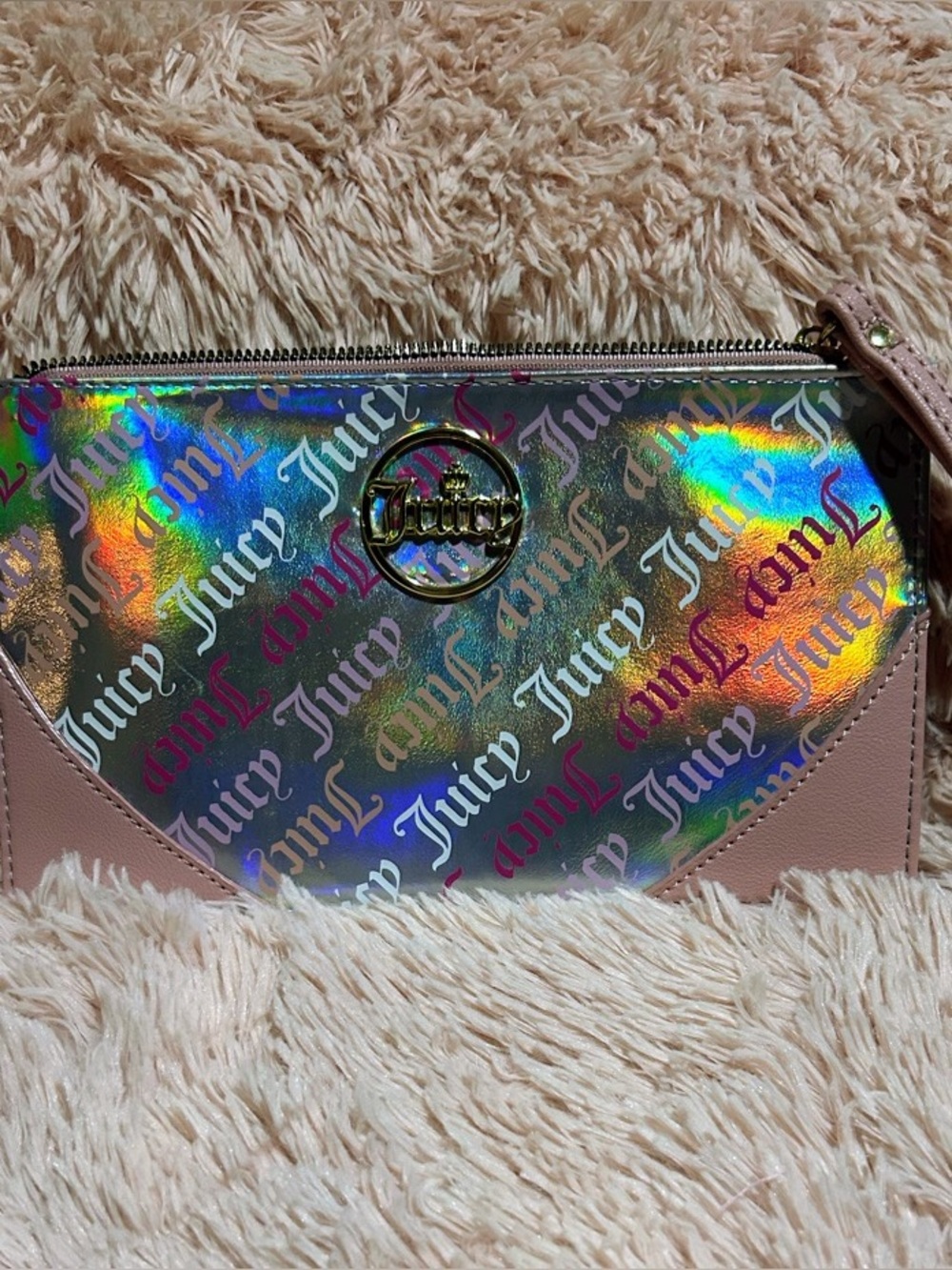 Juicy Couture Iridescent Holographic Pink Logo Wristlet